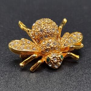 Vintage Rhinestone Bee Brooch, Gold Tone, Green Clear Rhinestones